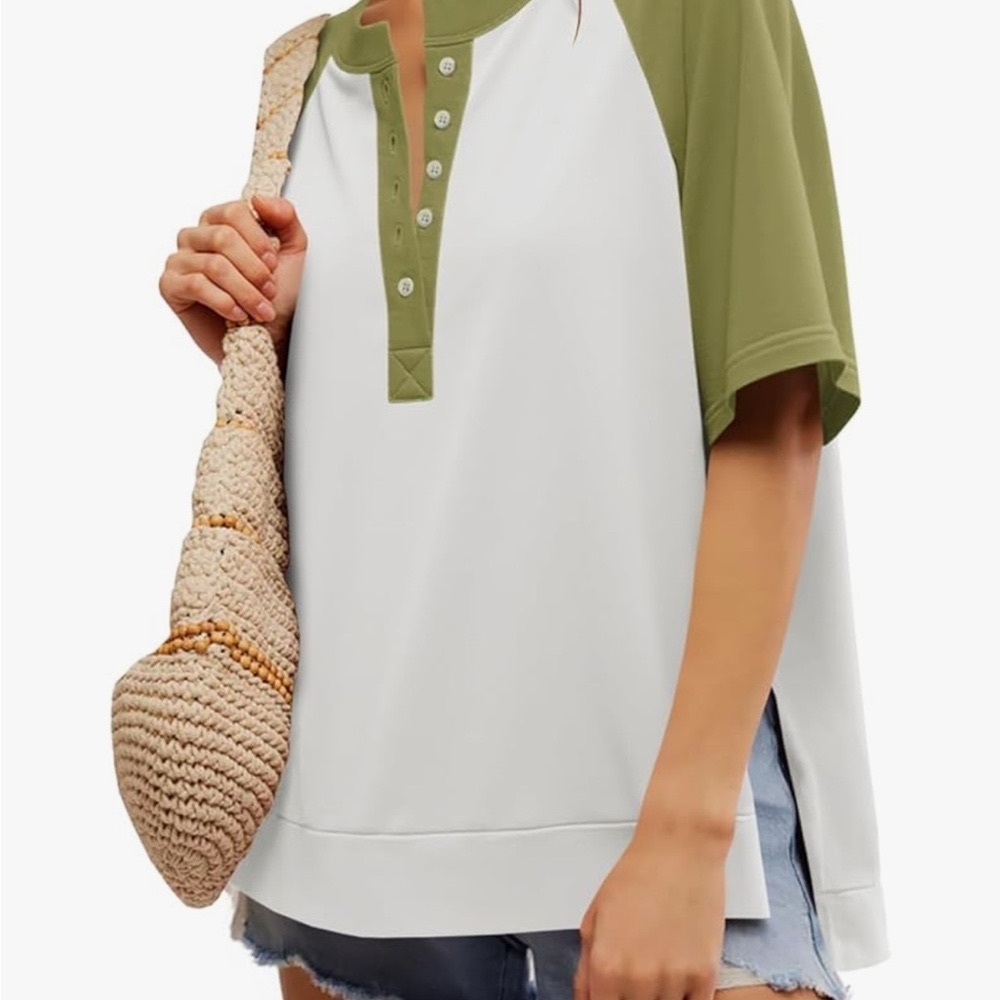 Women’s Olive Green and White Women's Color Block Top / Short Sleeve Crew Neck /